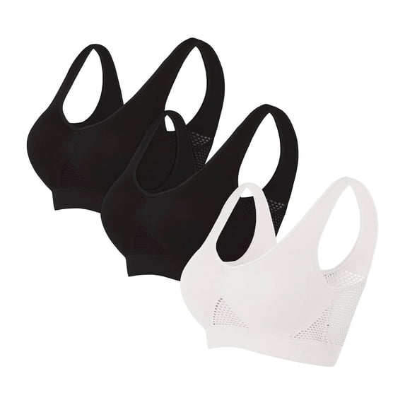 3 Pack Sports Bras for Women Plus Size Workout Wireless Bra Breathable Anti Sagging Hollow Out Fitness Running Tops(White 38BC)