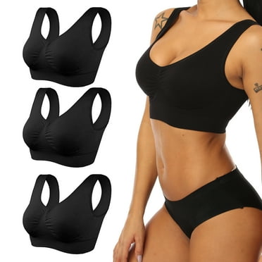 3 Pack Sports Bras for Women,Seamless Comfortable Bras Set with Removable Pads for Sleep,Pull on Closure,Black,M