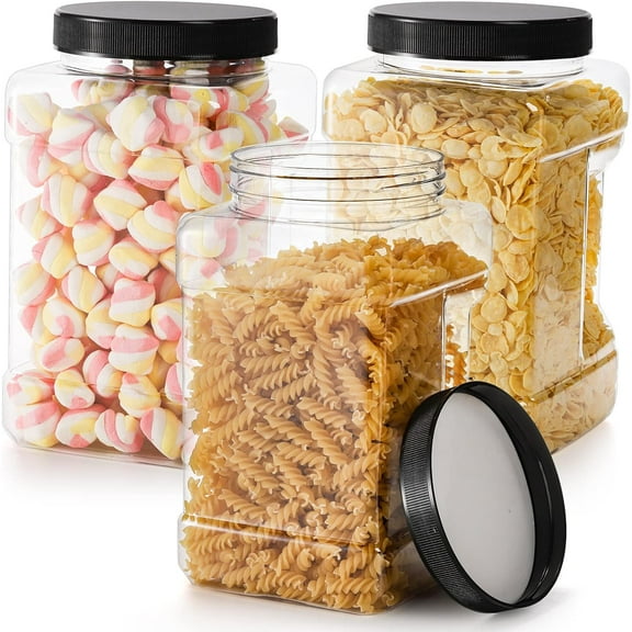 3 Pack Square Clear Plastic Jars, 98 Oz Wide Mouth Storage Containers with Screw-On Lids, Refillable BPA Free Empty PET Jars for Dry Goods Peanut Cookies Candy, Easy Grip Airtight Jar