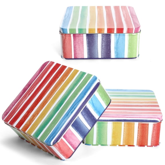 3 Pack Square Cookie Tins With Lids, Rainbow Design, For Baking, Gifting, Food Storage