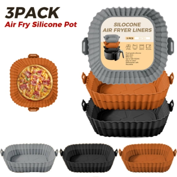 3 Pack Square Silicone Air Fryer Liners, 8 Inch Reusable Air Fryer Pot Replacement of Flammable Disposable Parchment Paper