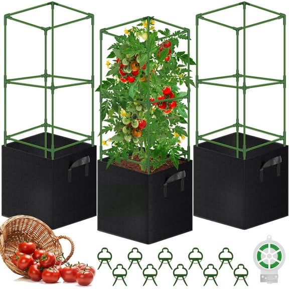3 Pack Square Tomato Cages with 15 Gallon Grow Bags, 46'' Upgraded Heavy Duty Steel Garden Plant Support Stakes Kit, Flowers Vegetable Trellis for Vertical Climbing Plants Vines