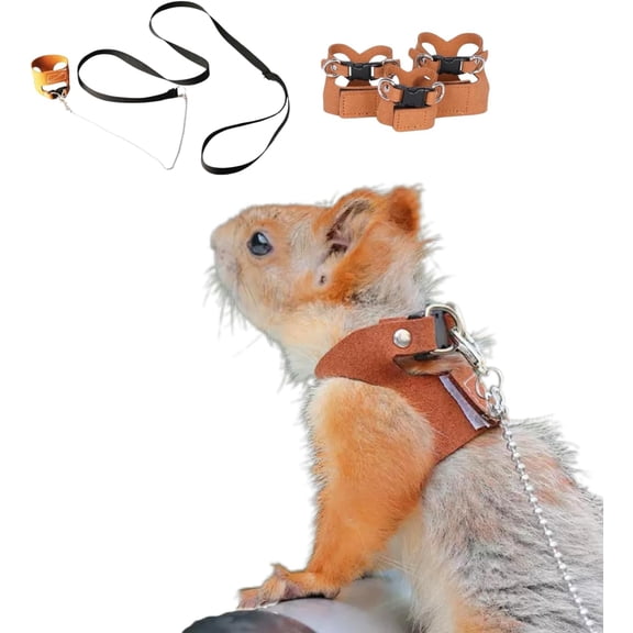 3 Pack Squirrel Harness and Leash Set - Adjustable Soft Leather & Traction Rope Strap Anti-Biting Chainfor Small Pet Walk Jogging Bearded Dragon Reptile Squirrel Rat