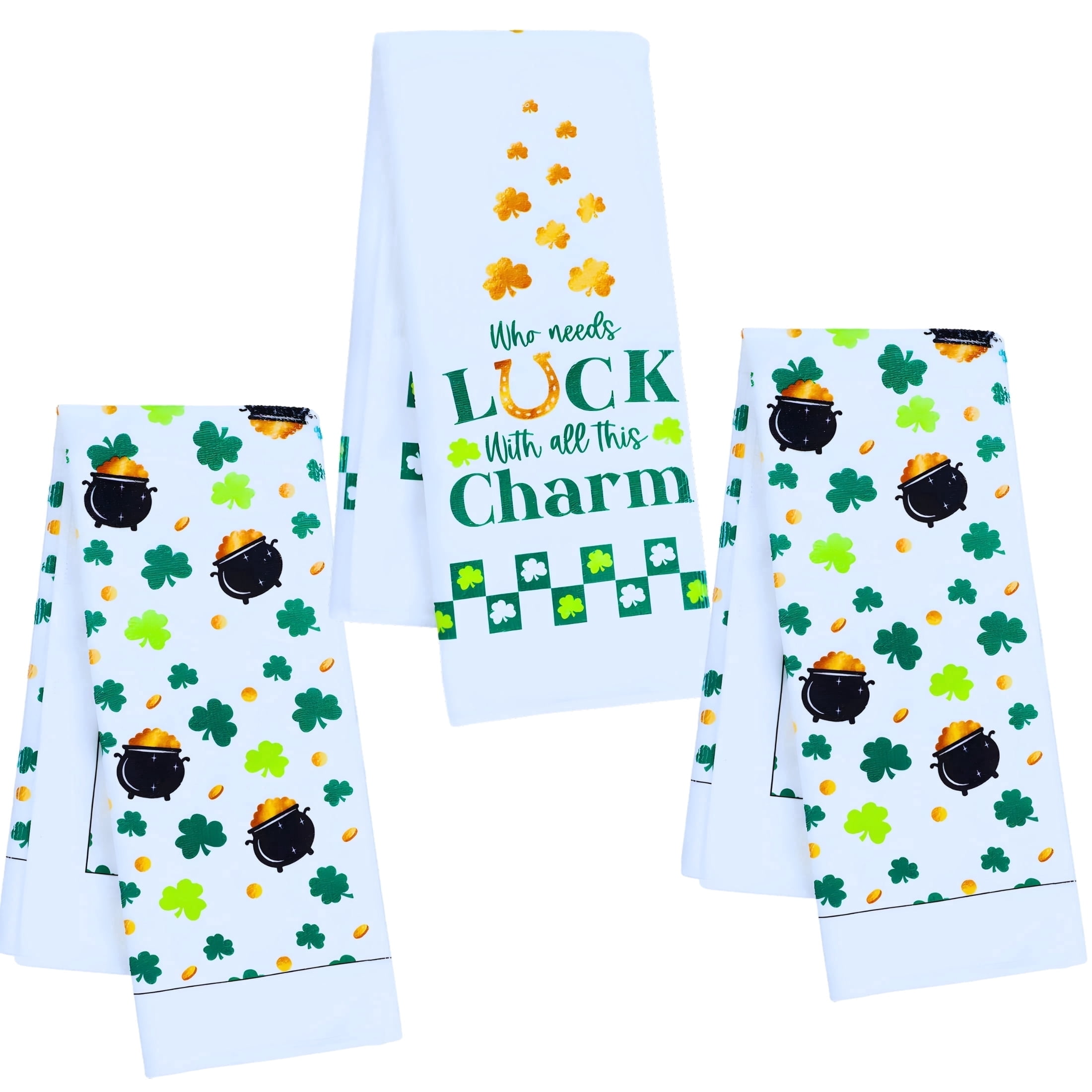 3-Pack St. Patrick’s Day Kitchen Towel Set, 15 x 25 in Shamrock & Irish Luck Dish Towels Reusable Absorbent Seasonal Home Décor Housewarming Gift