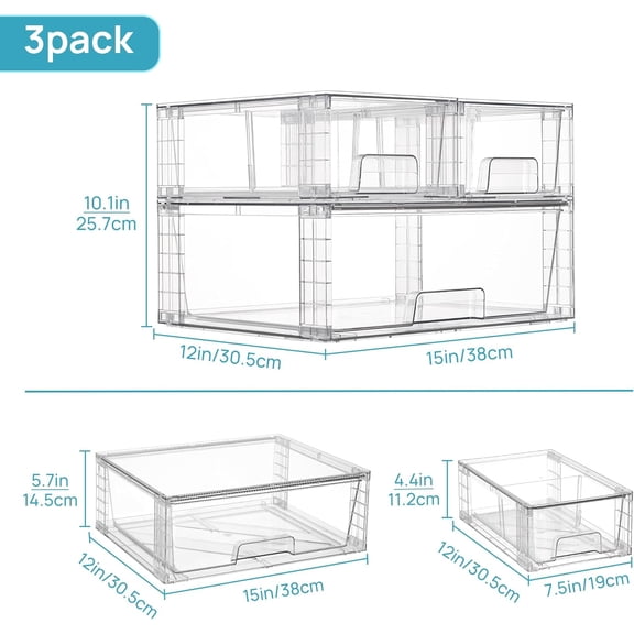 3-Pack Stackable Acrylic Storage Drawers - Easy-Assemble Organizers for Bathroom Undersink, Closet & Pantry