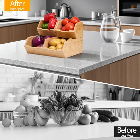 3 Pack Stackable Bamboo Potato Onion Storage Bins - Pantry Organizers for Kitchen Countertop, Ventilated Food Storage Containers for Fruits Vegetables$$Home Decor, Kitchen, & Other