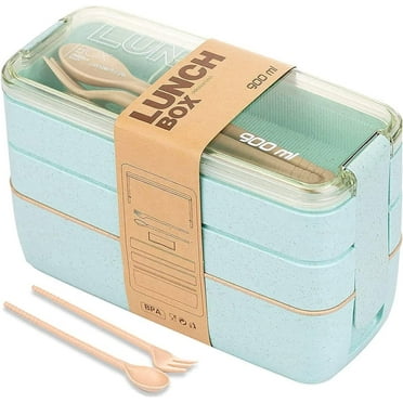 3 Pack Stackable Bento Box Adult Japanese Lunch Box Kit with Spoon & Fork, 3-In-1 Compartment Wheat Straw Meal Prep Containers (Green/Pink/Beige)