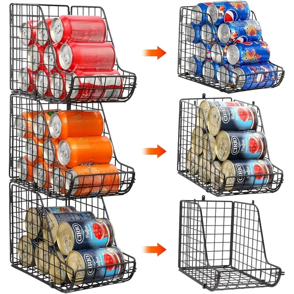 3Pack Stackable Can Organizer for Pantry, Metal Wire Soda & Canned Food Dispenser Storage Bins for Kitchen, Countertop & Cabinet
