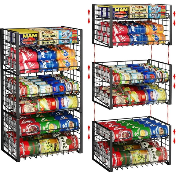 3-Pack Stackable Can Rack Organizer for Pantry, Adjustable Can Holder for Various Ounce of Cans up to 90, Rolling Can Dispenser for Canned Food Soup Goods Storage in Kitchen Cabniet, 2 Tier, Black