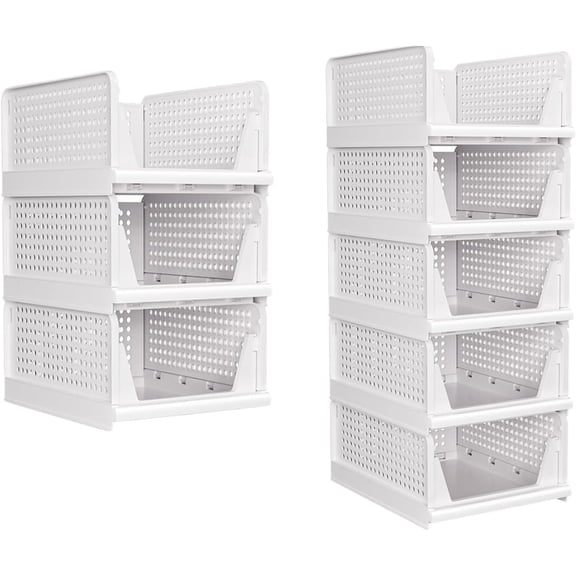 3 Pack Stackable Closet Organizer, Folding Closet Container, Plastic Storage Basket White Pull Out Shelves