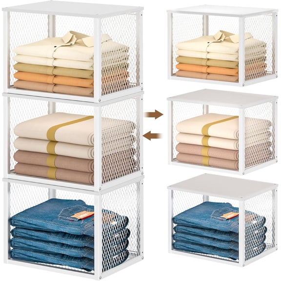 3 Pack Stackable Closet Organizers and Storage Basket, Closet Shelves with Wood Top Extra Storage, Multifunctional Clothes Organizer Bins/Cube Storage Drawer for Wardrobe Kitchen Laundry Room, White