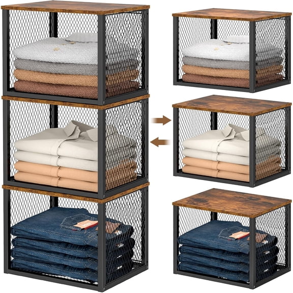 3 Pack Stackable Closet Organizers and Storage Basket, Closet Shelves with Wood Top Extra Storage, Multifunctional Clothes Organizer Bins/Cube Storage Drawer for Wardrobe Kitchen Laundry Room, Black