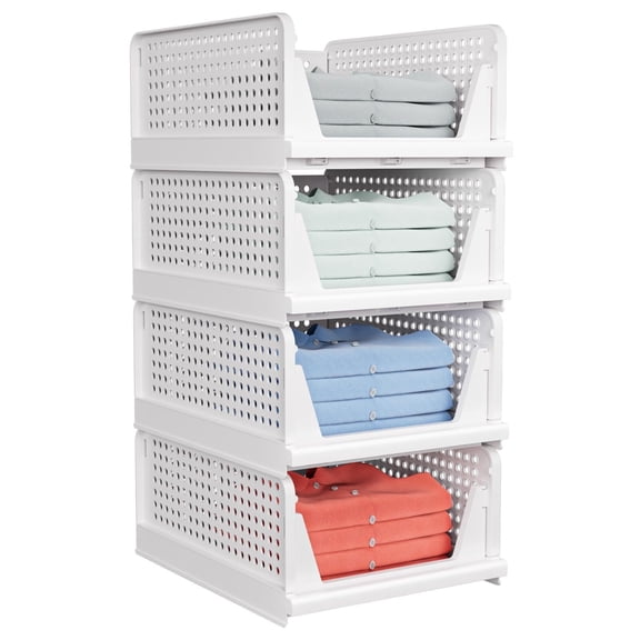 3 Pack Stackable Closet Storage Basket - Stackable Storage Bins, Multifunctional & Foldable Closet Organizer Divided, Wardrobe Cupboard Space-Saving Clothes Storage Hat Organizer, White