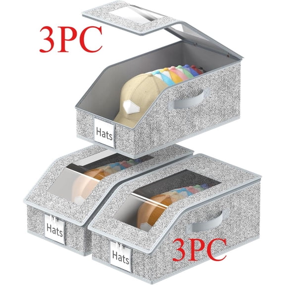 3 Pack Stackable Hat Organizer for Baseball Caps, Hat Storage with Clear Window Lid, Holds up to 45 Ball Cap Storage Organizer, Foldable Hat Box Holder with Cardboard, for Closet Bedroom Shelf(Grey)