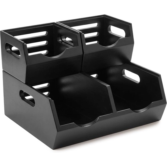3 Pack Stackable Rubber Wood Storage Bins with Ventilation Slits, Multi-Size Pantry Produce Organizer Containers for Countertop Vegetable Fruit Storage, Black