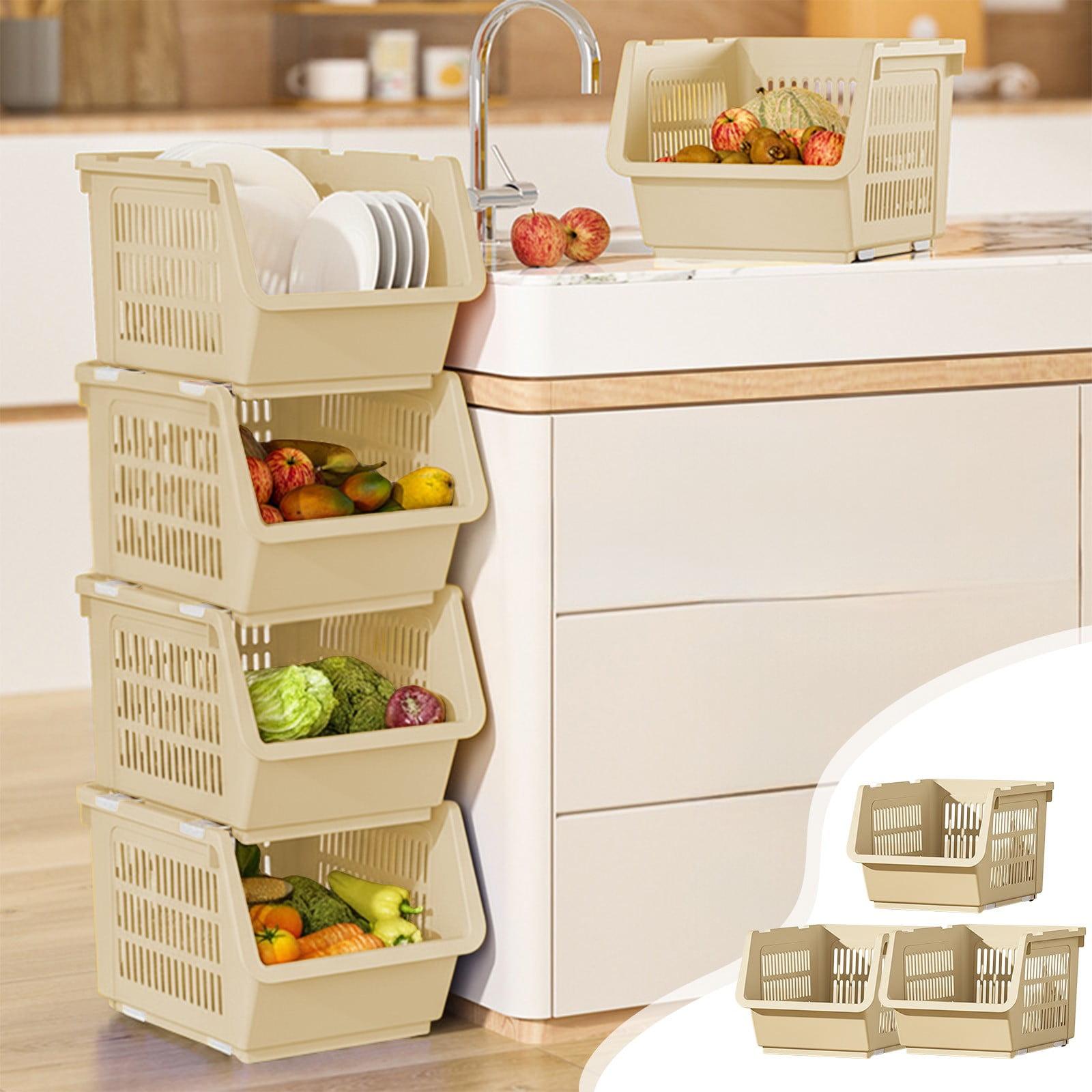 3 Pack Stackable Storage Baskets, Large Capacity Stackable Storage Bins Open Front, Space Saving Home Organization for Kitchen Bedroom Office