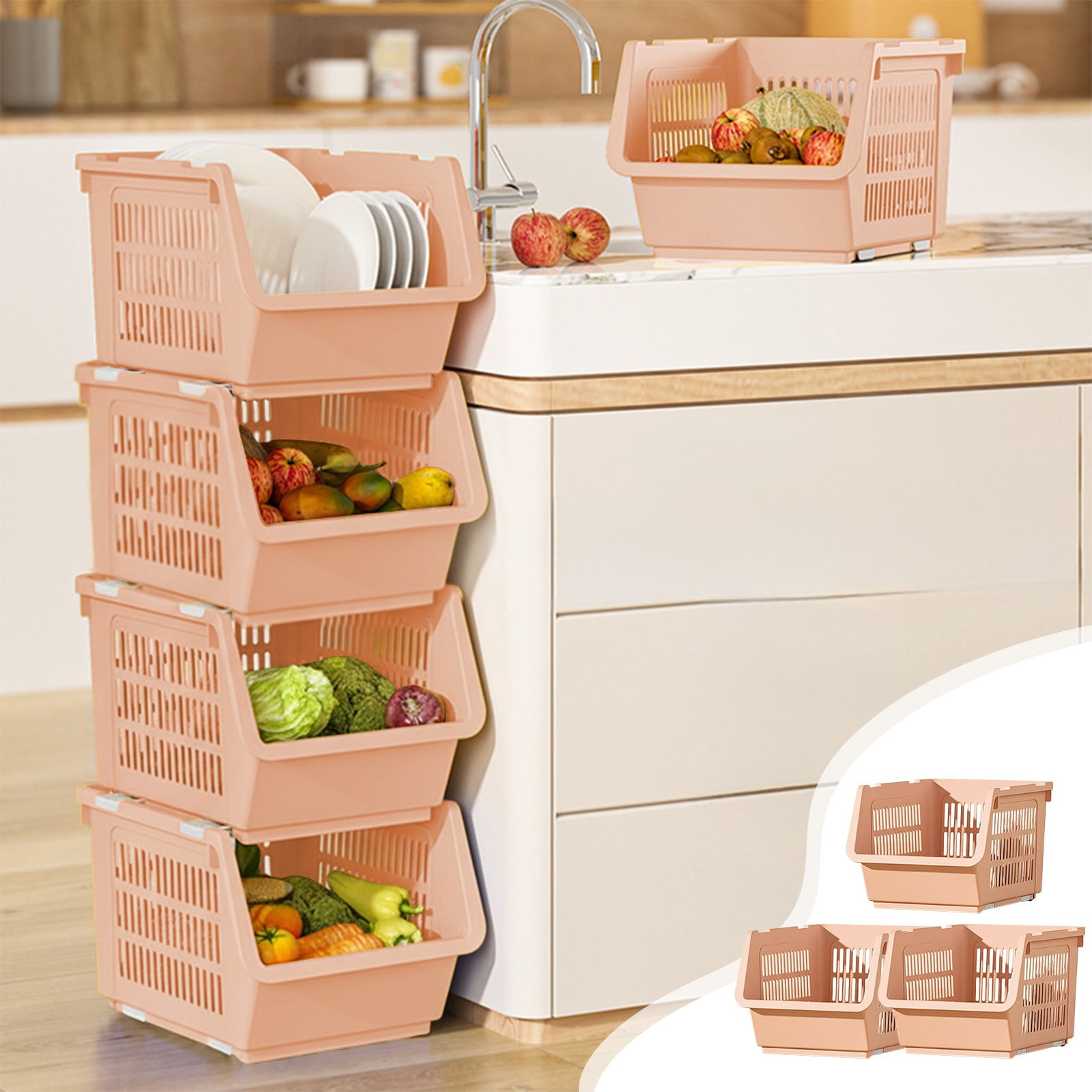 3 Pack Stackable Storage Baskets, Large Capacity Stackable Storage Bins Open Front, Space Saving Home Organization for Kitchen Bedroom Office