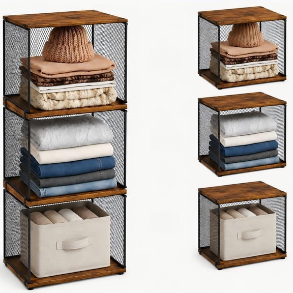 3-Pack Stackable Wire Closet Organizers with Wood Tops