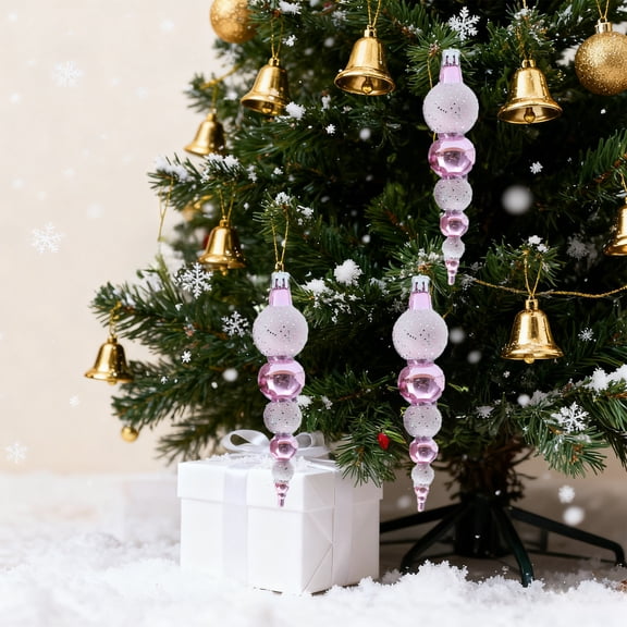 3 Pack Stacked Drop Christmas Ball Ornaments, 5.7 in, Multi-Tone Shatterproof Plastic Vertical Spindle Hangings, Glitter & Gloss Finials for Layered Xmas Tree Elegant Indoor Holiday Decor