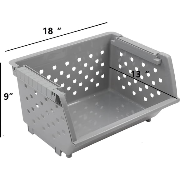 3 Pack Stacking Open Front Storage Bins, Gray Stackable Basket | Plastic Pantry Storage Basket Rack for Vegetable Fruit Snack Toy