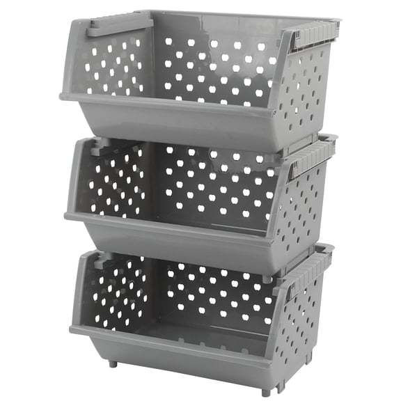 3 Pack Stacking Open Front Storage Bins, Gray Stackable Pantry Basket Plastic