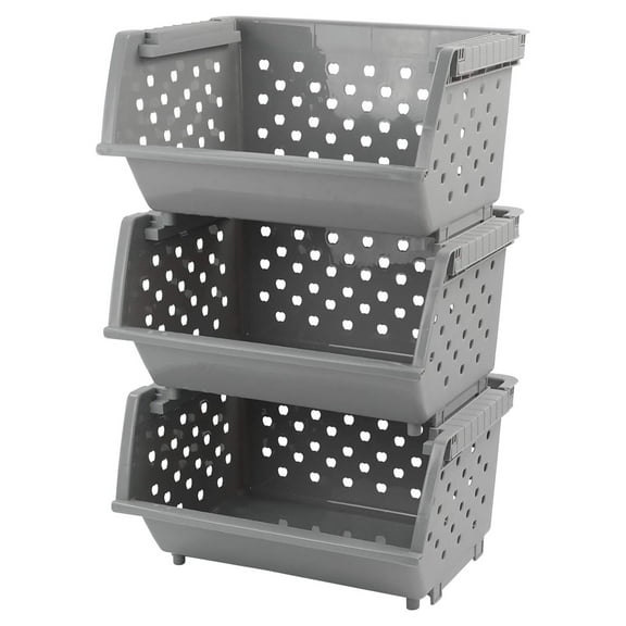 3 Pack Stacking Open Front Storage Bins, Gray Stackable Pantry Basket Plastic