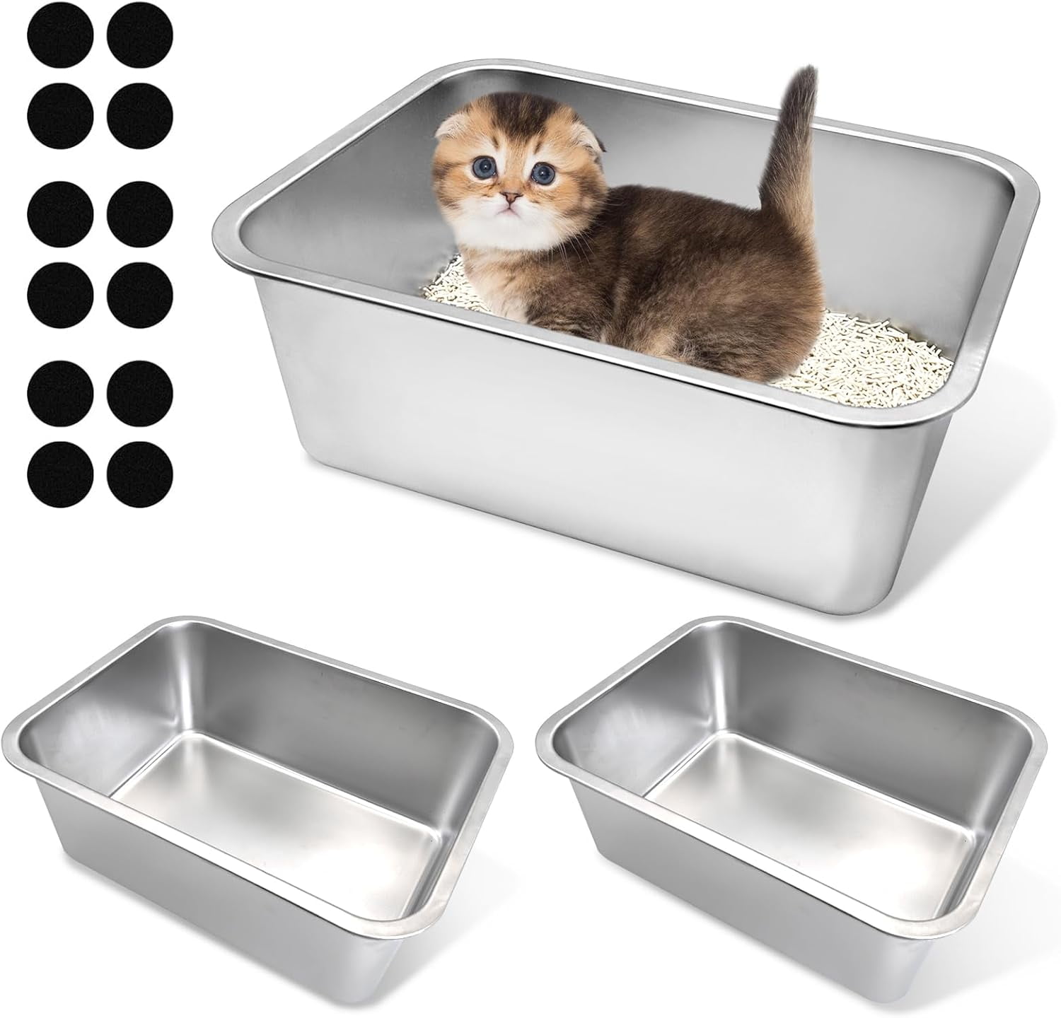 3 Pack Stainless Steel Cat Litter Box 15.7''L X 11.8''W X 5.9'H Metal