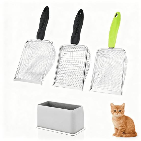 3-Pack Stainless Steel Cat Litter Scoop Set - Multi-Size Mesh Sifters for Deep Cleaning, Reptile Terrarium Sand & Cat Litter Box, Rust-Proof & Ergonomic Handles