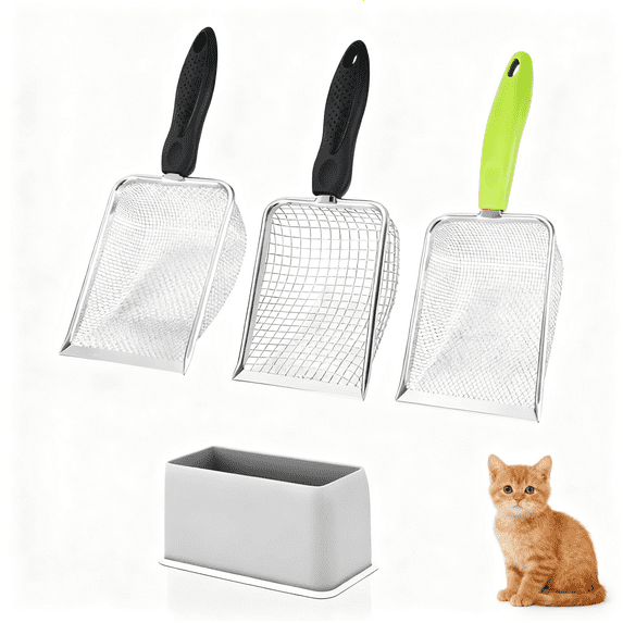 3-Pack Stainless Steel Cat Litter Scoop Set - Multi-Size Mesh Sifters for Deep Cleaning, Reptile Terrarium Sand & Cat Litter Box, Rust-Proof & Ergonomic Handles