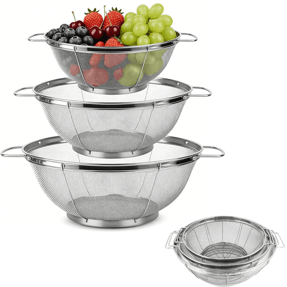 3 Pack Stainless Steel Colander, Colander with Handles and Resting Base, Mesh Strainers for Kitchen – 3 Sizes (3,4,5 Quart), Dishwasher Safe