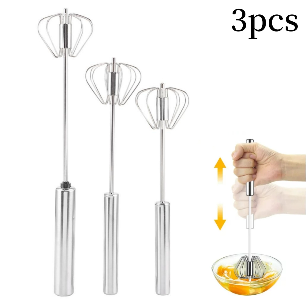 3 Pack Stainless Steel Egg Whisk Set, Rotary Whisk SemiAutomatic Egg