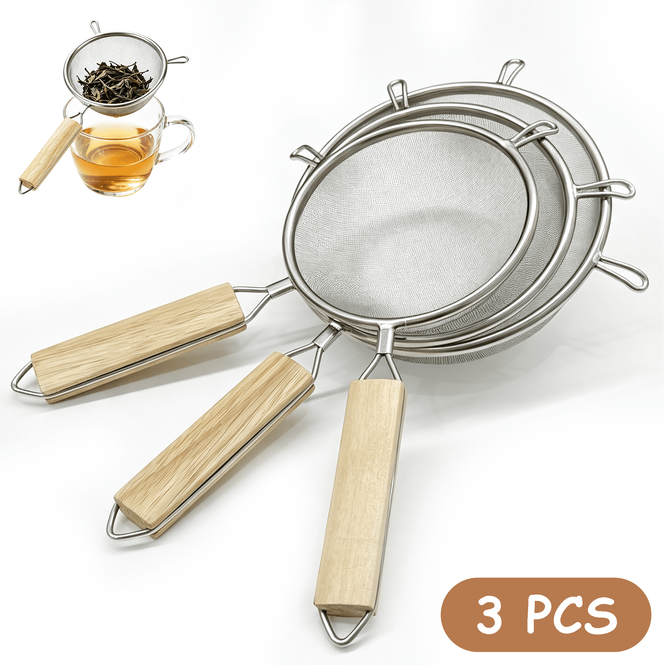 3 Pack Fine Mesh Strainer Set, Stainless Steel Kitchen Sieve Colander with Wooden Handle & Double Non‑Slip Hooks, 5/5.5/6.3 Inch Metal Sifters for Baking, Flour, Tea, Fruits, Frying Food
