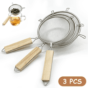 3 Pack Fine Mesh Strainer Set, Stainless Steel Kitchen Sieve Colander with Wooden Handle & Double Non Slip Hooks, 5/5.5/6.3 Inch Metal Sifters for Baking, Flour, Tea, Fruits, Frying Food