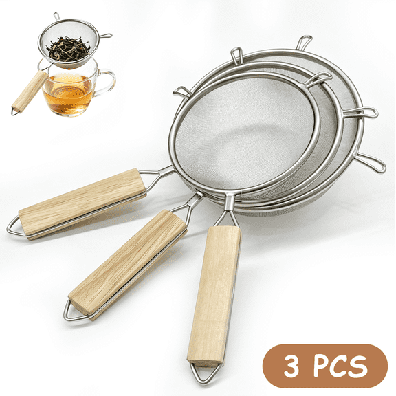 3 Pack Fine Mesh Strainer Set, Stainless Steel Kitchen Sieve Colander with Wooden Handle & Double NonSlip Hooks, 5/5.5/6.3 Inch Metal Sifters for Baking, Flour, Tea, Fruits, Frying Food