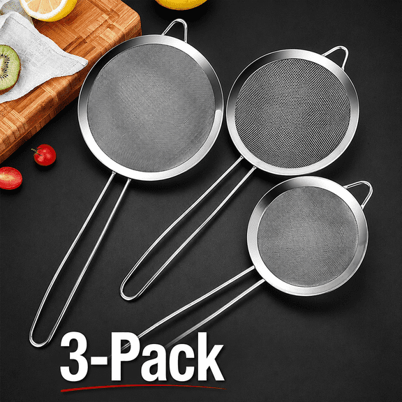 3 Pack Stainless Steel Fine Mesh Strainers Set with 3 Different Sizes, Kitchen Food Sifters for Flour, Tea, Juice, Rice, Pasta and Cooking Preparation