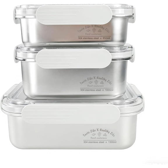 [3-Pack Stainless Steel Meal Prep Containers with ,  Storage with Snap Locking , for Lunch Bento Box, Picnic and Travel, Freezer and Dishwasher(650ml+1000ml+1300ml)
