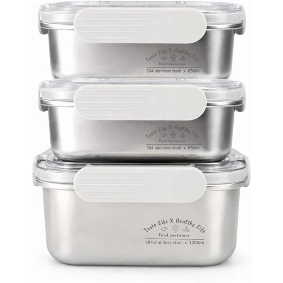 [3-Pack Stainless Steel Meal Prep Containers with ,  Storage with Snap Locking , for Lunch Bento Box, Picnic and Travel, Freezer and Dishwasher(650ml+650ml+1300ml)