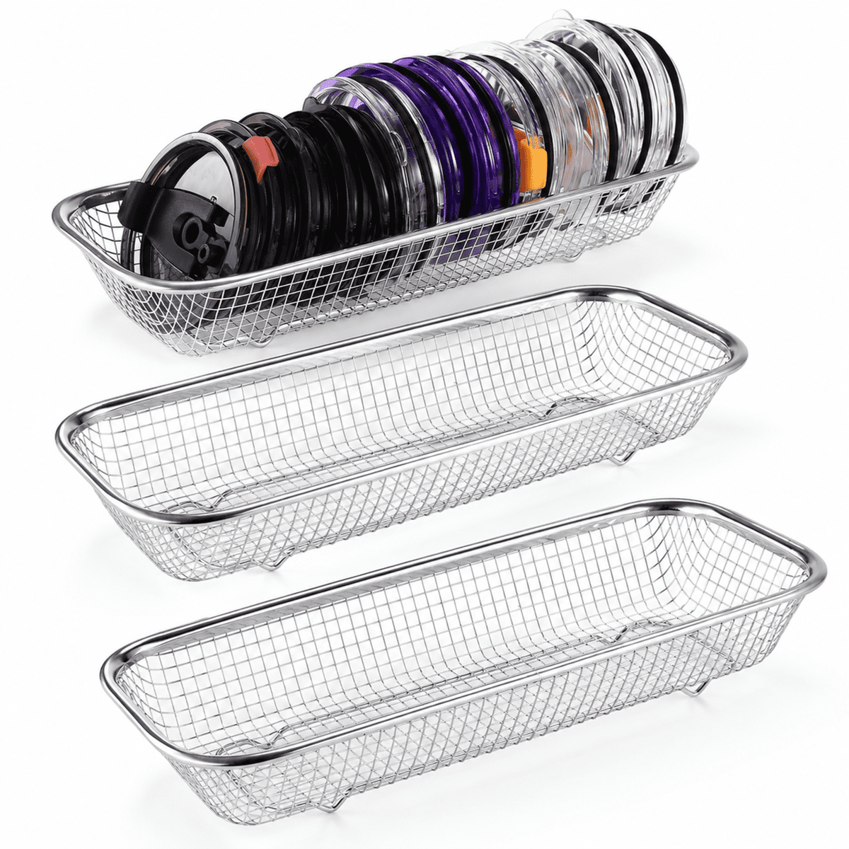 3 Pack Stainless Steel Mesh Storage Baskets, Rectangular Cabinet Organizer for Tumbler Lids, Kitchen Utensils, Straws, Cups and Small Accessories