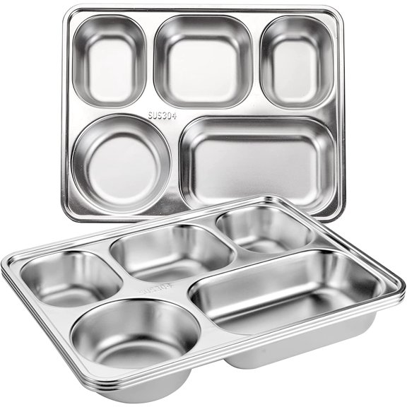 3 Pack Stainless Steel Rectangular Divided Plates 5 Sections Dinner Trays for Adults Picky Eaters Campers Portion Control