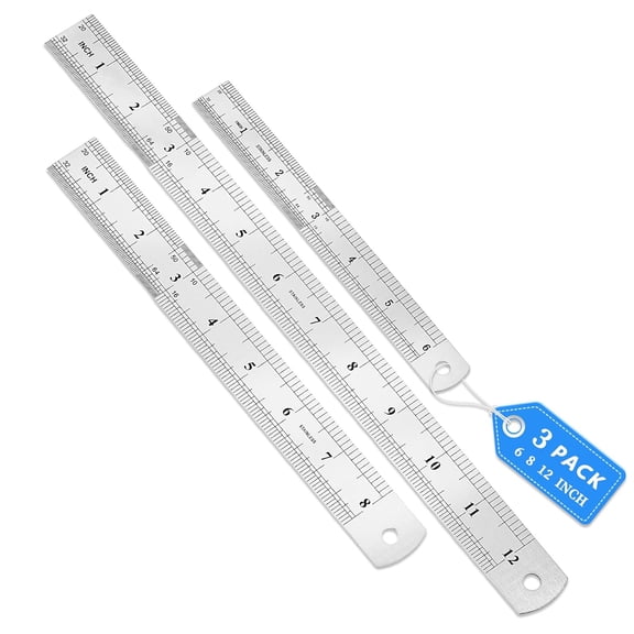 3 Pack Stainless Steel Ruler Set, 6, 8, 12 Inch Metal Rulers, Steel Rulers Metric Ruler, Easy to Read, mm, Sturdy and Durable Straight Edge for Drawing, Home, Office, Engineering
