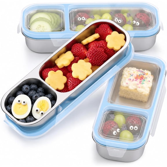 3 Pack Stainless Steel Snack Container, 2 Compartment Reusable Snack box, Divided Food Storage Container
