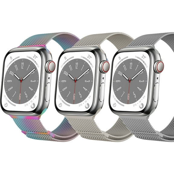 3 Pack Stainless Steel Strap Compatible with Apple Watch Band 42mm 44mm 45mm 49mm, Dwitch Magnetic Clasp Replacement Band for iWatch Series 9 8 7 6 5 4 3 2 SE Ultra 2,Rainbow/Starlight/Silver