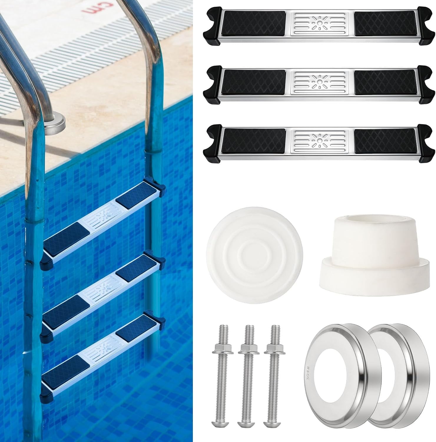 3 Pack Stainless Steel Swimming Pool Ladder Steps with Pool Ladder Bumpers & Pool Ladder
