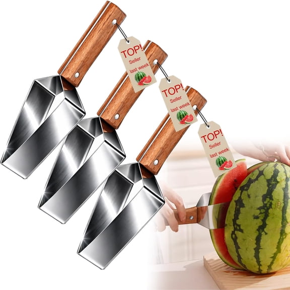 3-Pack Stainless Steel Watermelon Slicer, 2026 New Triangle Cutter with Wooden Handle, Multi-functional Melon Cuber for Cantaloupe & Honeydew