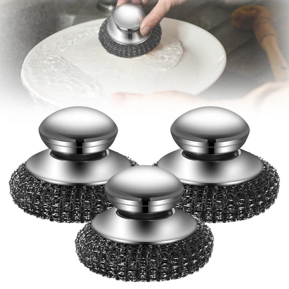3 Pack Stainless Steel Wool Scrubber Detachable Metal Scrubber Wool Pads Dish Scrubber with Handle Rust-Resistant Scrubbing Scouring Brush Cleaning Brush for Iron Pots,Stoves,Wash Sink,Topboutique