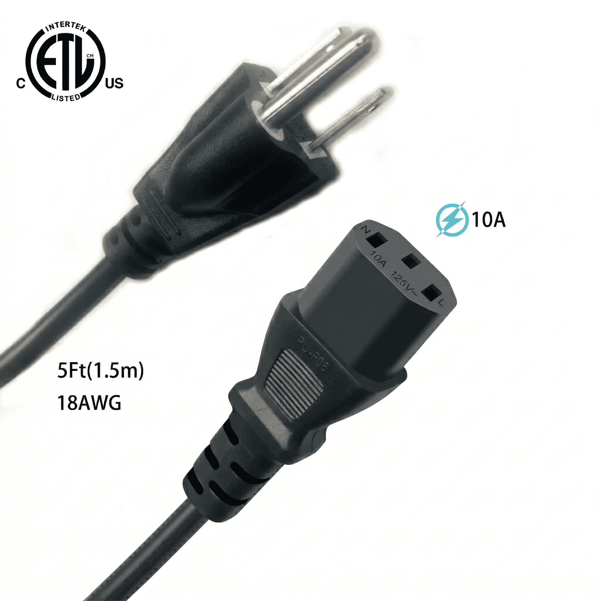 3 Pack,Standard 5ft (1.5m) 10 Amps 125 Volts Black 3 Prong AC Power Cord Cable for Electronics, TV, Computer, Printer, Radio, Monitor,Samsung, Dell, Vizio, LG, Asus, Laptop and More