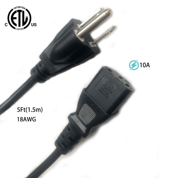 3 Pack,Standard 5ft (1.5m) 10 Amps 125 Volts Black 3 Prong AC Power Cord Cable for Electronics, TV, Computer, Printer, Radio, Monitor,Samsung, Dell, Vizio, LG, Asus, Laptop and More