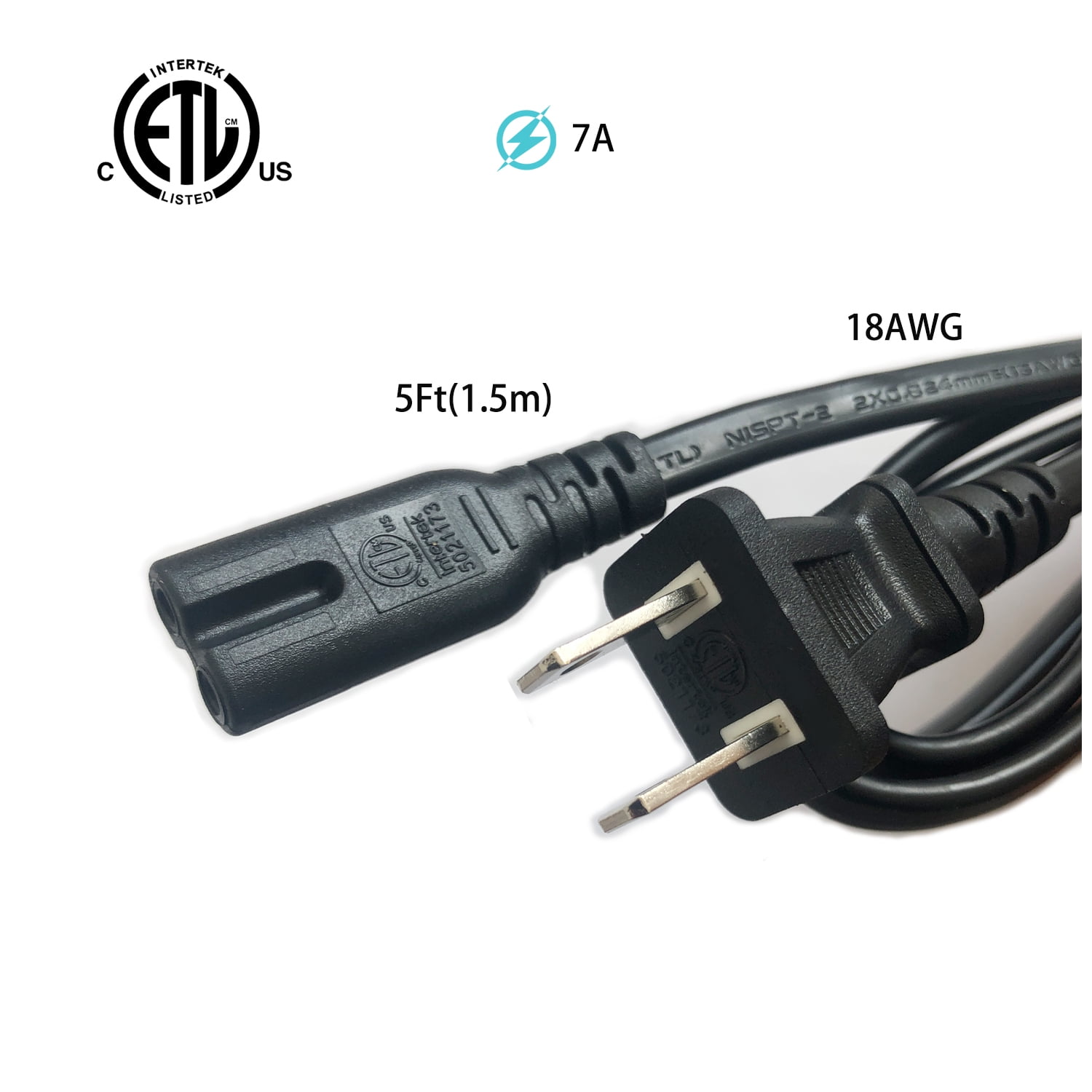 3 Pack,Standard 5ft (1.5m) 7Amps 125 Volts Black 2 Prong AC Power Cord 2-Slot for TV PS4 PS5 Speaker Monitor Xbox Wall Power Cable Replacement