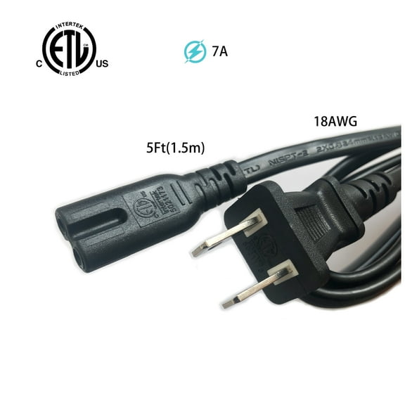 3 Pack,Standard 5ft (1.5m) 7Amps 125 Volts Black 2 Prong AC Power Cord 2-Slot for TV PS4 PS5 Speaker Monitor Xbox Wall Power Cable Replacement