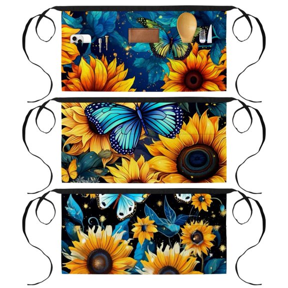 3 Pack Starry Night Sunflower Butterfly Server Waist Aprons, Waitress Kitchen Restaurant Half Apron for Men Women with 3 Pockets
